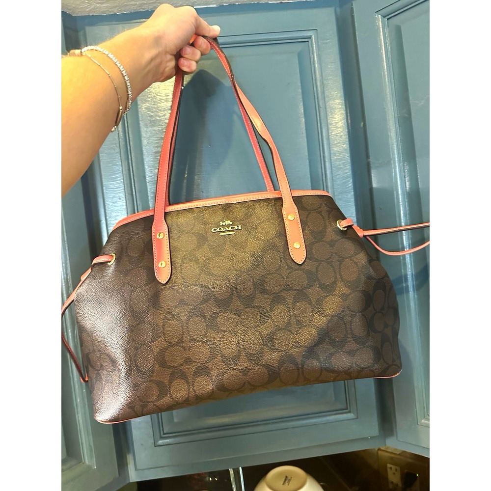 Coach F57842 Signature Brown & Coral Drawstring Carryall Tote Shoulder Bag